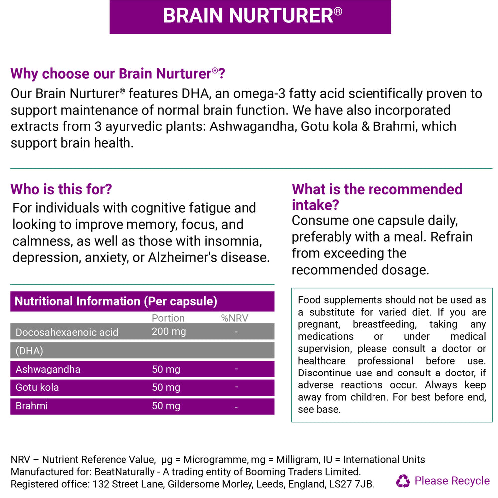 Brain Nurturer Supplement with DHA, Ashwagandha, Gotu Kola, and Brahmi