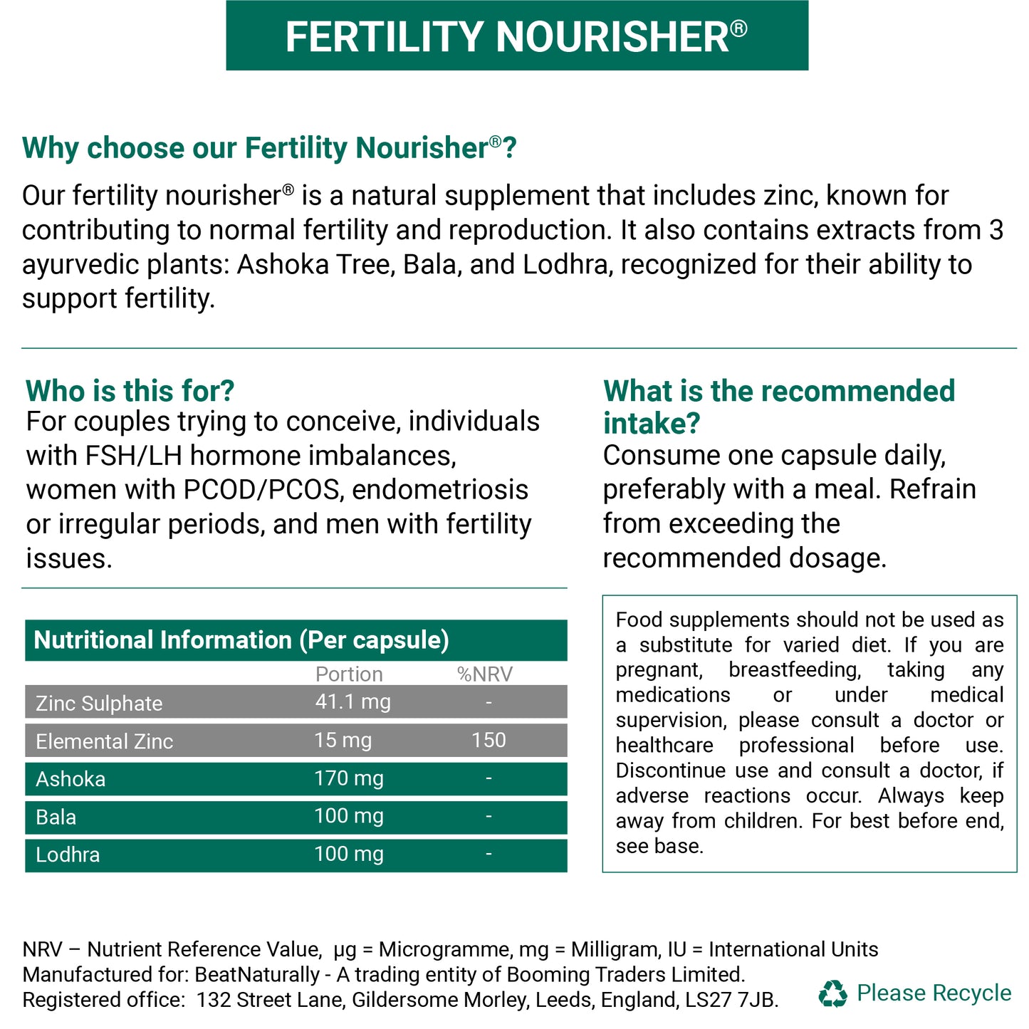 Fertility Nourisher Supplement with Zinc and Ayurvedic Extracts for Reproductive Health